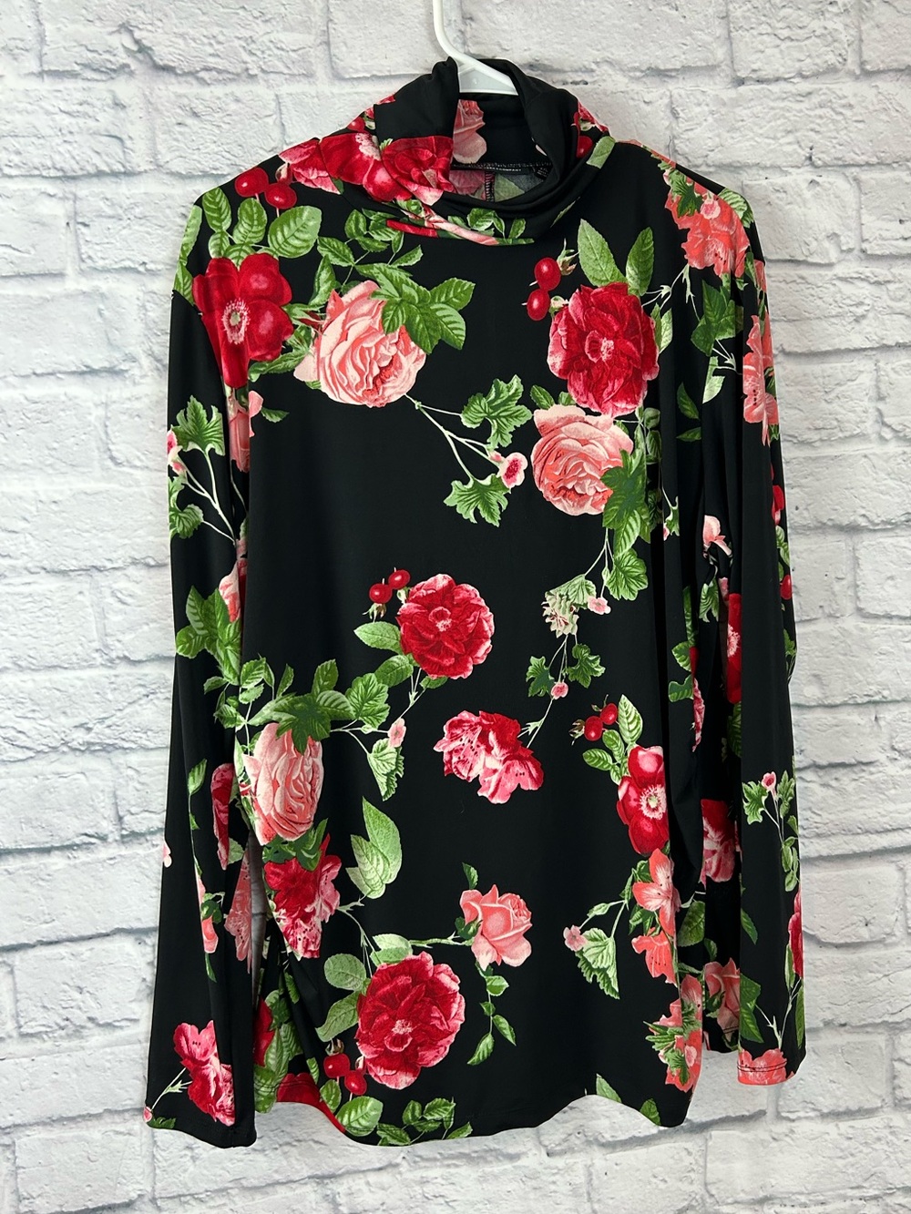 New York & Company XXL Black Floral Rose Cowl Neck Long Sleeve Tunic Top